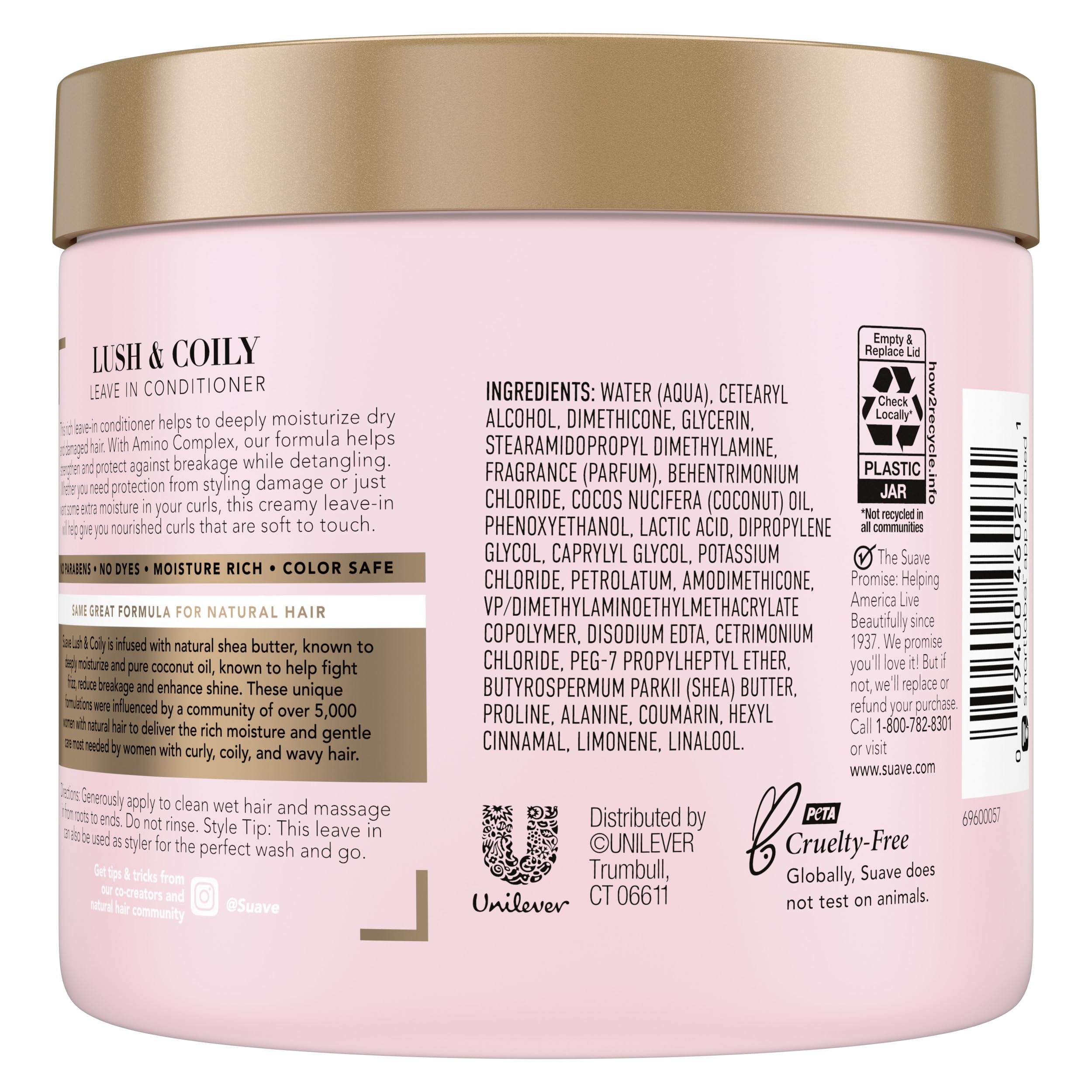 Suave Leave-In Conditioner, Lush & Coily, 2-Pack –Coconut Oil, Shea Butter & Amino Complex Natural Hair Care Products, Anti-Frizz, 13.5 Oz Ea